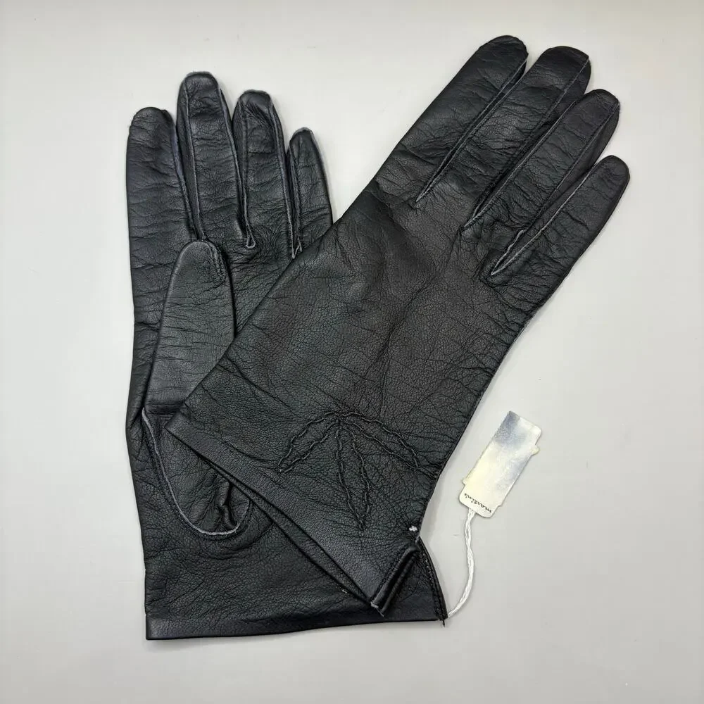 VTG Leather Gloves‎ Black Embroidered Pure Silk Lined Made in France XS 7 NOS